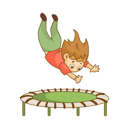 Small girl jumping and falling on green trampoline cartoon illustration. Girl having fun. Leisure, entertainment conceptのイラスト素材