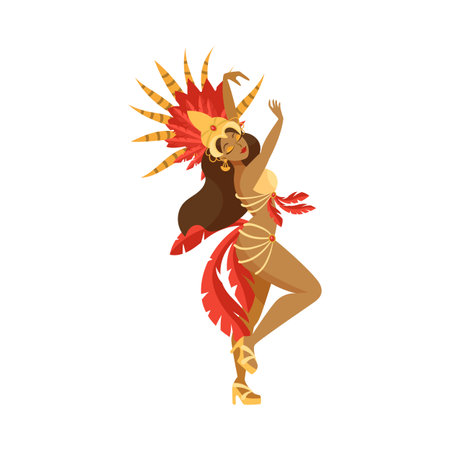 Beautiful samba dancer in red and gold costume cartoon illustration. Girl in carnival costume dancing on parade in Rio, Brazil. Female on white background. Hobby, party, entertainment conceptのイラスト素材