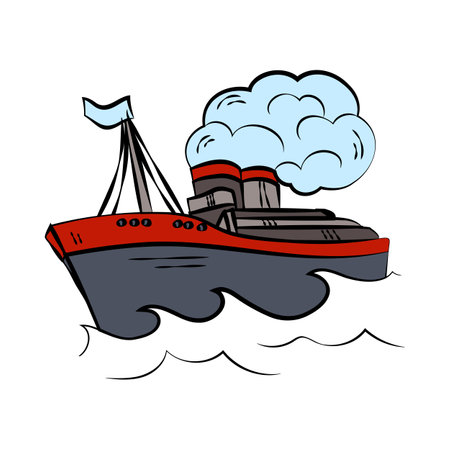 Comic book of warship on water cartoon illustration. Battle ship with clouds of smoke coming out of chimney. Military action, explosion conceptのイラスト素材