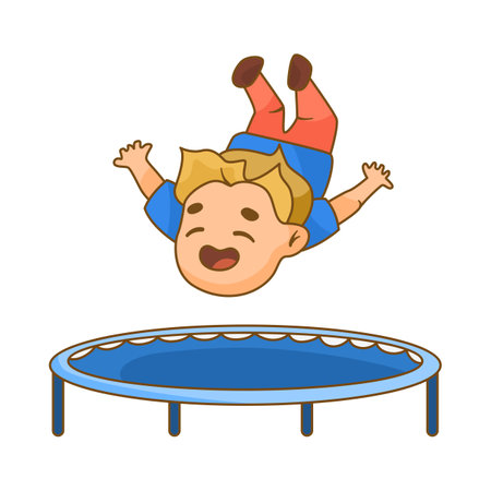 Small boy jumping and falling on blue trampoline cartoon illustration. Boy having fun. Leisure, entertainment conceptのイラスト素材