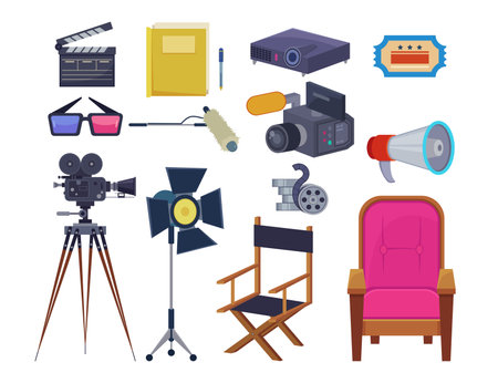 Equipment for filmmaking vector illustrations set. Elements of action film set or cinema occupations, professional camera, lights on white background. Cinematography, filmmaking, professions conceptのイラスト素材