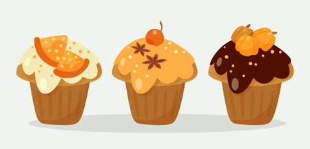 Muffins with orange toppings vector illustrations set. Collection of cartoon drawings of cupcakes with chocolate or cream icing isolated on white background. Dessert, bakery, food, autumn conceptのイラスト素材