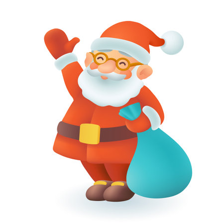 Happy Santa Claus character waving 3D icon. Elderly man in red hat and costume with sack 3D vector illustration on white background. Winter holidays, New Year, Christmas conceptのイラスト素材
