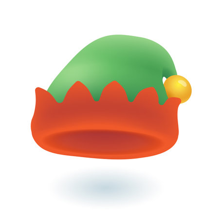 Christmas elf hat 3D icon. Red and green three-dimensional hat with golden bell vector illustration on white background. Christmas, winter holidays, decoration conceptのイラスト素材
