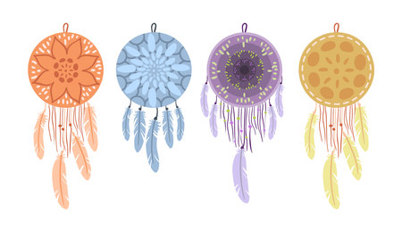 Colorful dreamcatchers with feathers vector illustrations set. Cartoon drawings of decorative objects for sleep protection isolated on white background. Decoration, magic, dreams conceptのイラスト素材