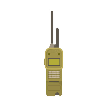 Military radio or phone cartoon illustration. Wireless portable receiver for soldiers and officers on white background. Army, equipment, communication conceptのイラスト素材