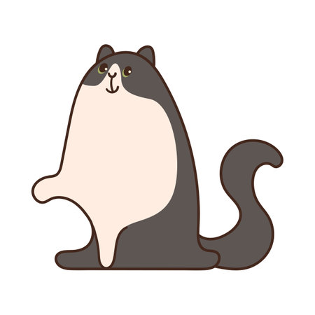 Black and white happy cat sitting with paw cartoon illustration. Funny pet with cute face sitting on white background. Home, domestic animal conceptのイラスト素材