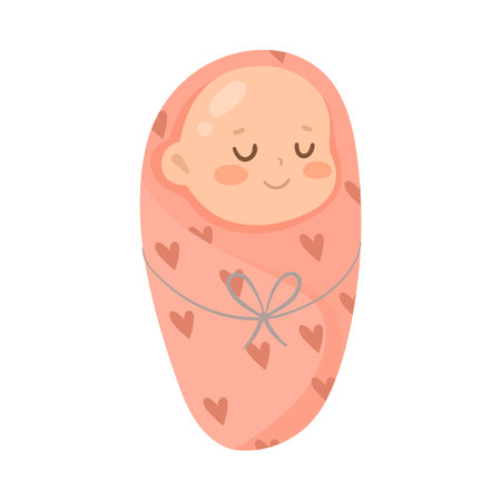 Cute newborn baby sleeping cartoon illustration. Happy infant in pink blanket isolated on white background. Childhood, development, expression concept.のイラスト素材