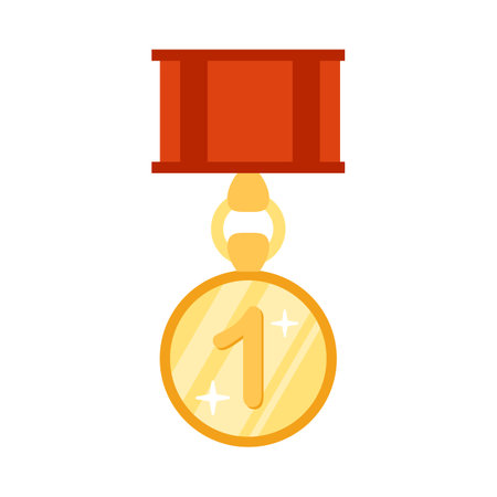 Golden medal pin with number and red ribbon illustration. Golden sports medal or award for winners isolated on white background. Victory, success, competition conceptのイラスト素材