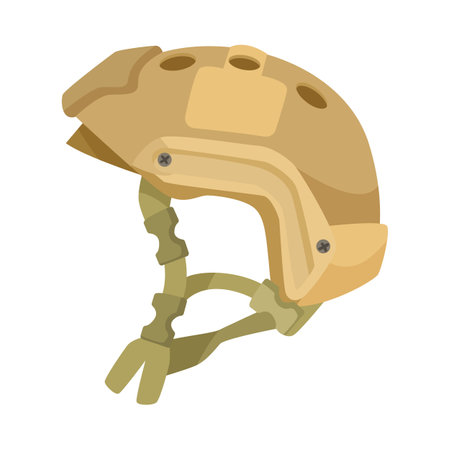 Military helmet cartoon illustration. Khaki headgear for soldiers or officers, equipment or supplies for combat or battle isolated on white background. Army, uniform conceptのイラスト素材