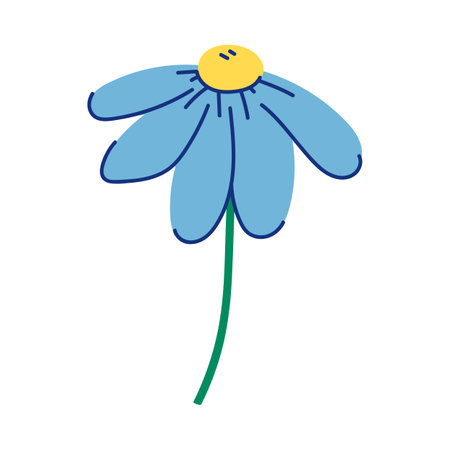 Daisy in light blue and yellow colors with long stem. Beautiful plant on white background cartoon illustration. Nature, greenery, flora conceptのイラスト素材