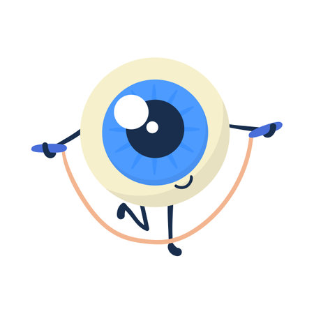 Cute eyeball character exercising cartoon illustration. Happy eye or human organ jumping rope isolated on white background. Eyesight conceptのイラスト素材