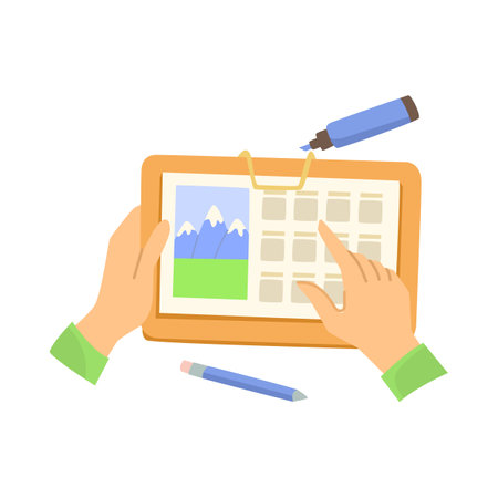 Hands of person with clipboard and marker vector illustration. Arms of student or business person doing creative project isolated on white background. Planning, creativity conceptのイラスト素材