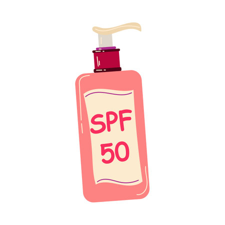 Pink sunblock lotion dispenser with label vector illustration. Sun safety, lotion with SPF, sunscreen for skin care during summer isolated on white background. Cosmetics, summer, protection conceptのイラスト素材