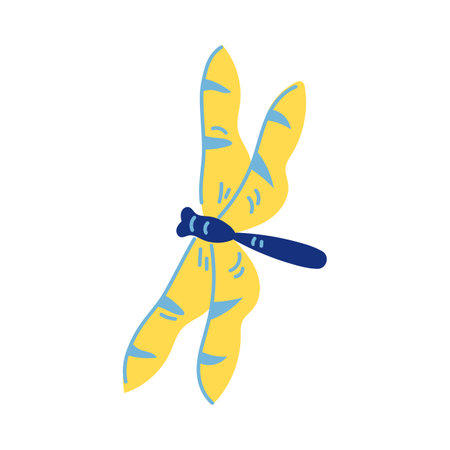 Dragonfly in blue and yellow colors. Flying dragonfly on white background cartoon illustration. Nature, animal, greenery, flora, fauna conceptのイラスト素材