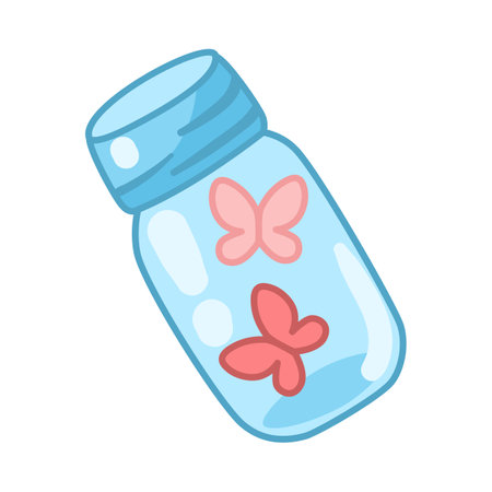 Cute butterflies in jar cartoon illustration. Adorable pink magic creatures isolated on white background. Fantasy, fairy tale concept .のイラスト素材