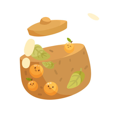 Funny orange juice in jar with smiling face illustration. Cute jar with juice character. Meal, morning routine conceptのイラスト素材