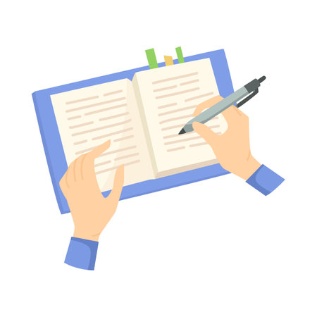 Hands of student with blue notebook and pen vector illustration. Arms of office or business person writing in diary with blue pen isolated on white background. Planning, education conceptのイラスト素材