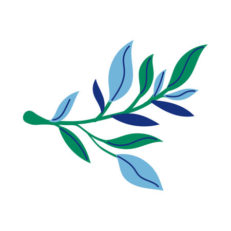 Leaves in green, dark and light blue colors. Beautiful plant on white background cartoon illustration. Nature, greenery, flora conceptのイラスト素材