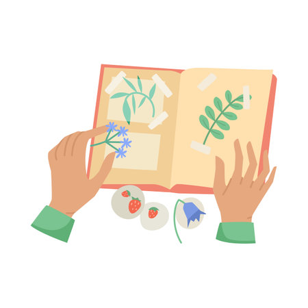 Hands of person with plants and scrapbook vector illustration. Arms of creative worker or student sticking flowers and leaves to notebook pages on white background. Creativity, decoration conceptのイラスト素材