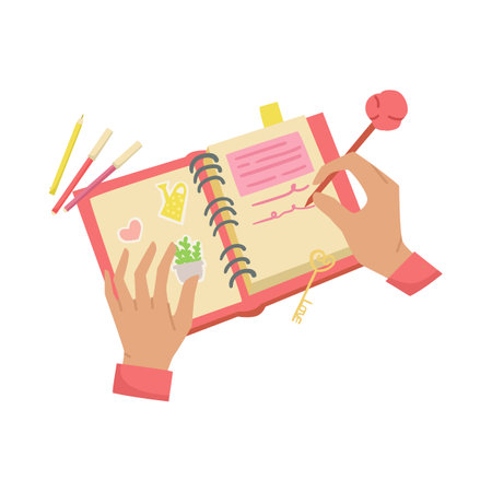 Hands of person writing in diary or journal vector illustration. Arms of student or office worker with cute pen making notes or to do list on white background. Planning, creativity conceptのイラスト素材