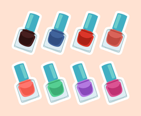Nail polish sticker set. Vector illustrations of bottles with lacquer or gel in different colors. Cartoon glass containers with blue plastic lids isolated on pink. Manicure, beauty salon conceptのイラスト素材