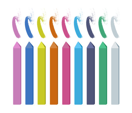 Chalks and scribbles set. Vector illustrations of colorful assorted pieces of chalk. Cartoon crayon sticks of different colors for drawing by preschool children isolated on white. Education conceptのイラスト素材