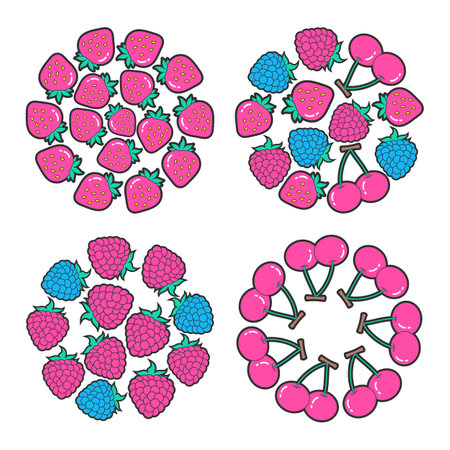 Set of wild and garden berry in pattern with circle shape. Vector illustrations of circle design. Cartoon round frame of red raspberry and strawberry, blue blackberry isolated on white. Summer conceptのイラスト素材