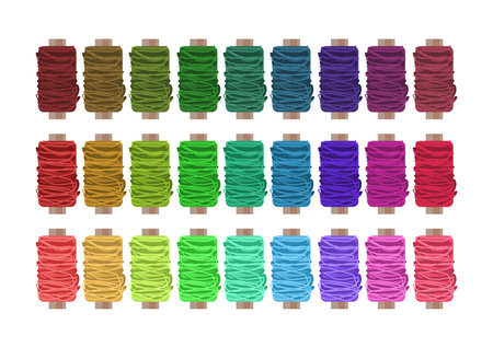 Spools of cotton threads set. Vector illustrations of coils with yarn in different colors. Cartoon cylinder bobbins for sewing by tailor isolated on white. Stitching, needlework, tailoring conceptのイラスト素材