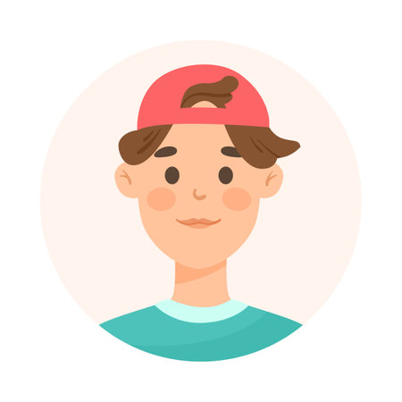Young man with dark hair wearing cap avatar cartoon illustration. Face or portrait of cute user of social networks in T-shirt in circle on white background. Cyberspace, diverse conceptのイラスト素材