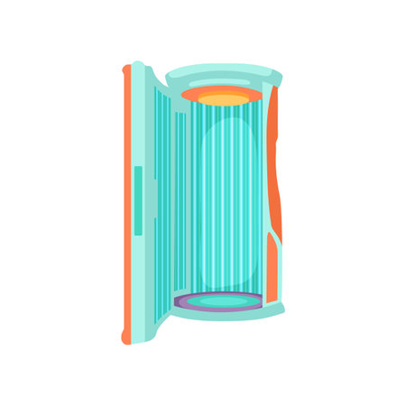 Orange and blue opened tanning cabin cartoon illustration. Cosmetic procedure in spa salon, vertical sunbathing machine or cabin. Solarium, wellness, recreation, care, relaxation conceptのイラスト素材