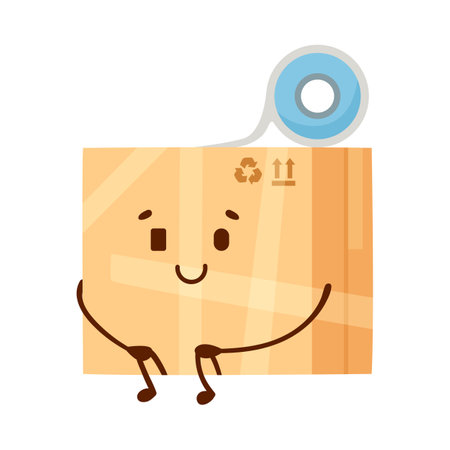 Cardboard box cartoon character sitting vector illustration. Happy cute closed comic package with tape, funny parcel with face isolated on white background. Delivery service, warehouse conceptのイラスト素材