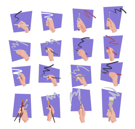 Set of hands holding different tools for drawing curvy line set. Vector illustrations of painting artists. Cartoon arms of painters in purple shapes isolated on white. Calligraphy, art conceptのイラスト素材