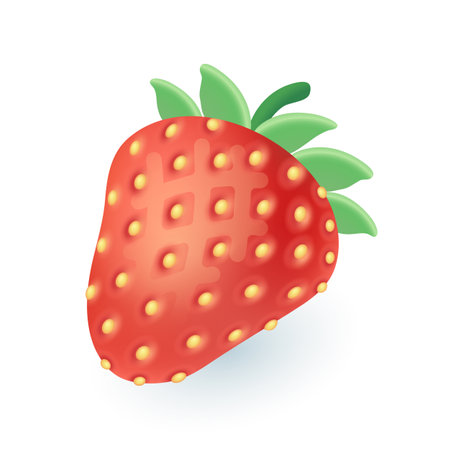 Ripe juicy strawberry with leaves and seeds 3D icon. Sweet natural organic berry ingredient for cooking and eating on vitamin dessert 3D vector illustration on white background. Summer food conceptのイラスト素材
