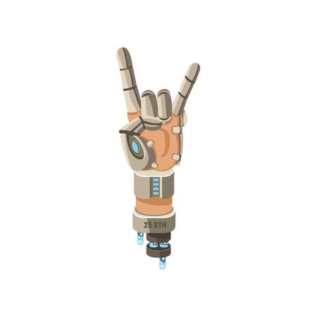 Robot hand showing rock gesture cartoon illustration. Prothesis arm doing rock gesture. Artificial intelligence, innovation, technology conceptのイラスト素材