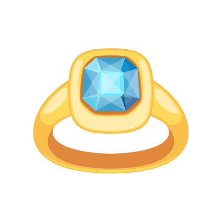 Ring with blue gemstone made of gold vector illustration. Cartoon drawing of elegant golden ring. Jewelry, accessories, luxury conceptのイラスト素材