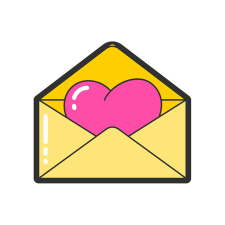 Trendy fashion patch or badge of envelope with heart illustration. Cute envelope sticker. Style, embroidery conceptのイラスト素材