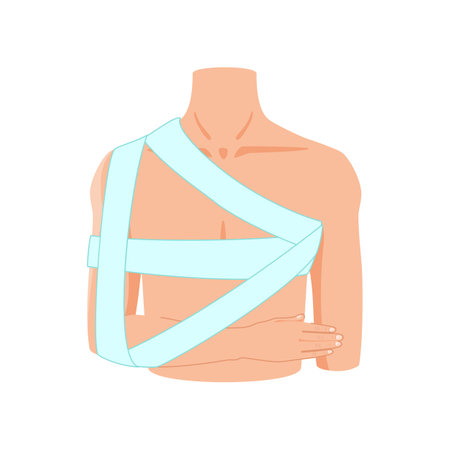 Man with bandaged shoulder cartoon illustration. Fracture treatment, bandaged shoulder. Healthcare, injury, medicine, trauma, accident conceptのイラスト素材