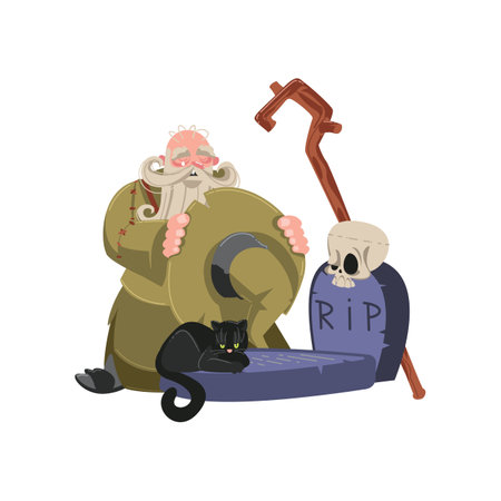 Old wizard mourning death cartoon illustration. Wise magician, warlock, mage or sorcerer with white beard in hat and robe standing before grave. Magic conceptのイラスト素材