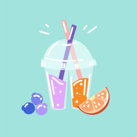 Double plastic cup with orange and blueberry smoothie. Natural flavor of juice or fruit drink, orange and berry isolated on blue background. Summer, beverage conceptのイラスト素材