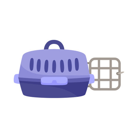 Purple carrier for pets cartoon illustration. Cartoon drawing of carrying case for cats and dogs isolated on white background. Profession, occupation, job, equipment, traveling conceptのイラスト素材