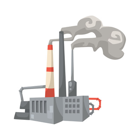 Industrial building with emissions vector illustration. Cartoon drawing of factory with smoke as source of outdoor air pollution isolated on white background. Environment, ecology conceptのイラスト素材