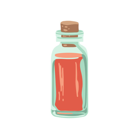 Red essential oil in bottle for house vector illustration. Home fragrance or aroma liquid isolated on white background. Aromatherapy, relaxation, comfort concept.のイラスト素材
