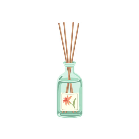 Incense sticks in bottle for house vector illustration. Cute home diffusers with flower scent...