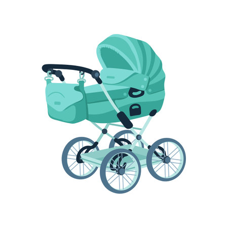 Light blue stroller for babies vector illustration. Buggy or carriage for newborn children isolated on white background. Safety, transportation, baby care conceptのイラスト素材