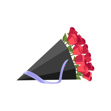 Bouquet of red roses wrapped in package cartoon illustration. Gorgeous flowers in beautiful black paper. Flower delivery, transportation, service conceptのイラスト素材
