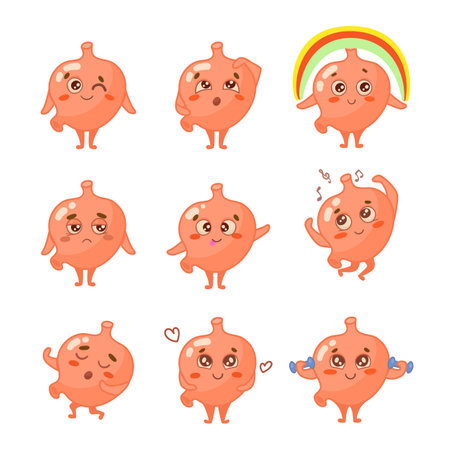Human stomach with different emotions vector illustration set. Nine hearts with different facial expressions isolated on white background. Sticker conceptのイラスト素材