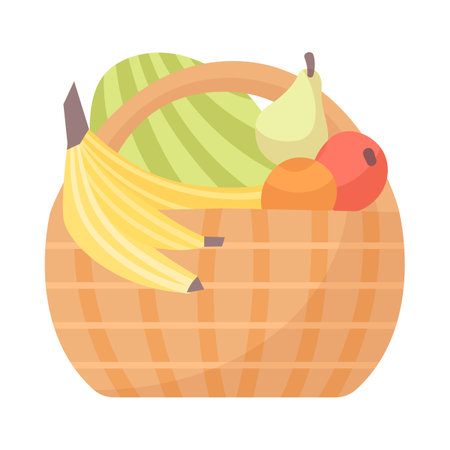 Wicker basket with fruits cartoon illustration. Picnic basket full of food, bananas, pear, orange, watermelon for family dinner or romantic date outdoor. Summer, food, weekend conceptのイラスト素材