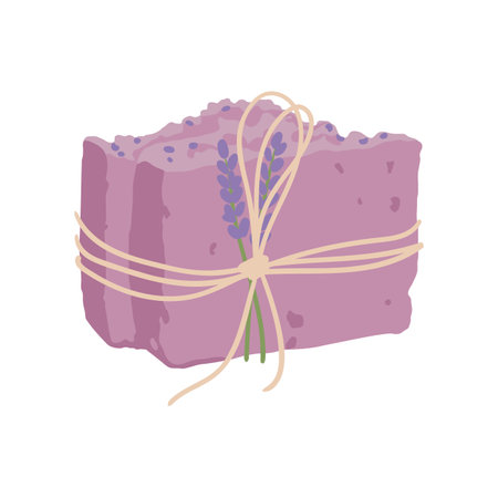 Handmade lavender soap for bath vector illustration. Bathing or beauty accessory wrapped as gift isolated on white background. Aromatherapy, relaxation, spa, cosmetics concept.のイラスト素材