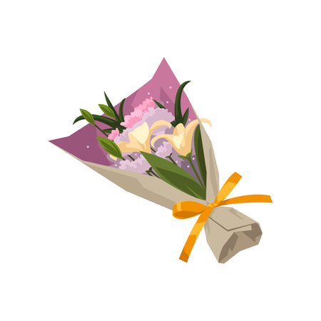 Bouquet with lilies cartoon illustration. Gorgeous flowers wrapped in beautiful purple package. Flower delivery, transportation, service conceptのイラスト素材